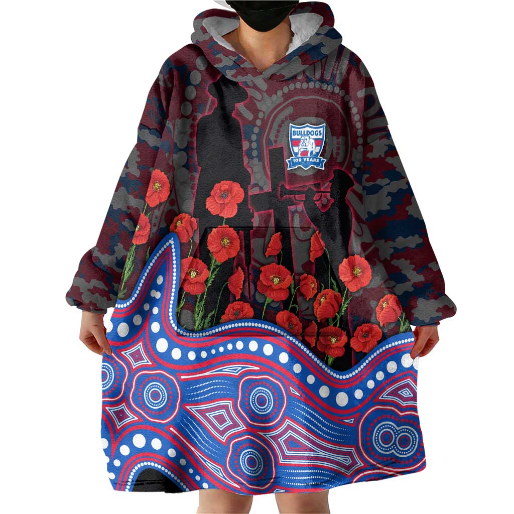 Western Bulldogs ANZAC Day Wearable Blanket Hoodie Indigenous Dot Art with Poppy Flower Tribute