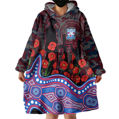Western Bulldogs ANZAC Day Wearable Blanket Hoodie Indigenous Dot Art with Poppy Flower Tribute