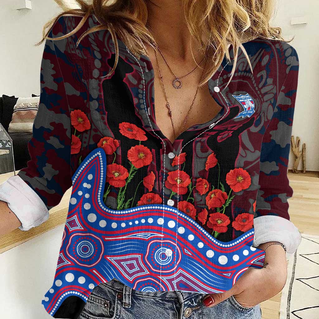 Western Bulldogs ANZAC Day Women Casual Shirt Indigenous Dot Art with Poppy Flower Tribute