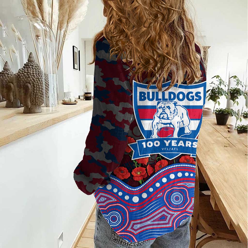 Western Bulldogs ANZAC Day Women Casual Shirt Indigenous Dot Art with Poppy Flower Tribute