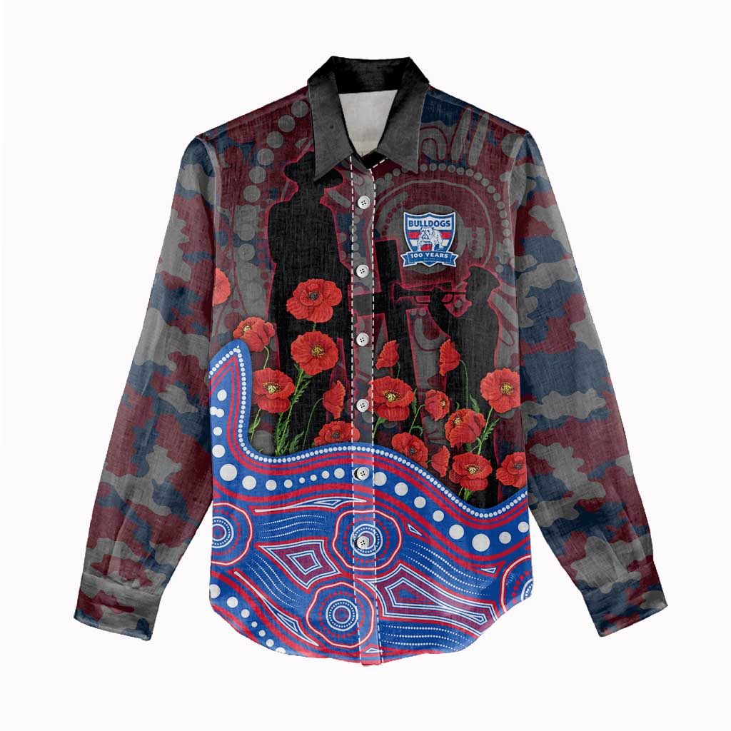 Western Bulldogs ANZAC Day Women Casual Shirt Indigenous Dot Art with Poppy Flower Tribute