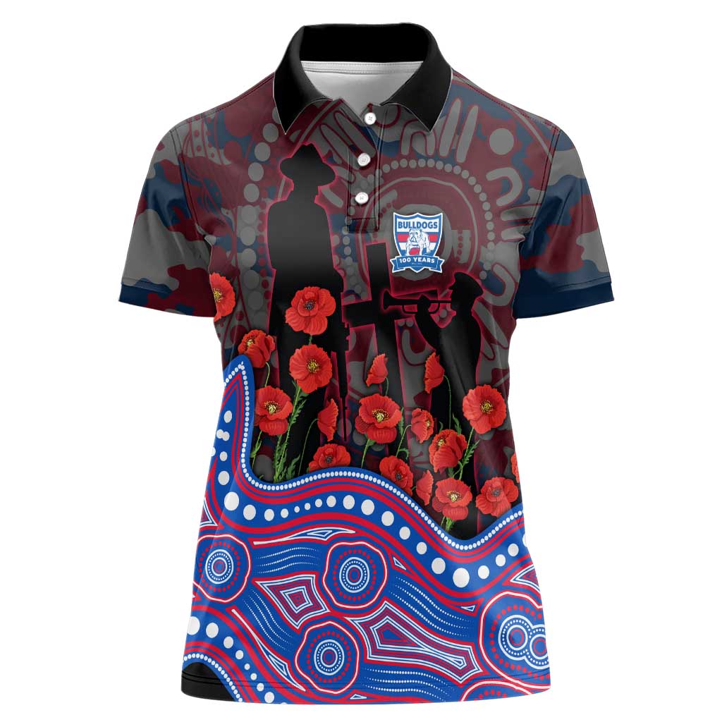 Western Bulldogs ANZAC Day Women Polo Shirt Indigenous Dot Art with Poppy Flower Tribute