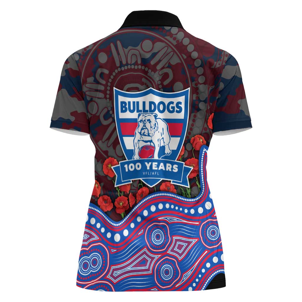 Western Bulldogs ANZAC Day Women Polo Shirt Indigenous Dot Art with Poppy Flower Tribute