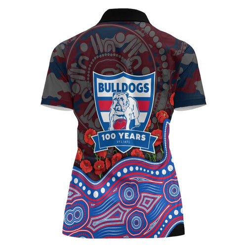 Western Bulldogs ANZAC Day Women Polo Shirt Indigenous Dot Art with Poppy Flower Tribute