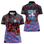 Western Bulldogs ANZAC Day Women Polo Shirt Indigenous Dot Art with Poppy Flower Tribute