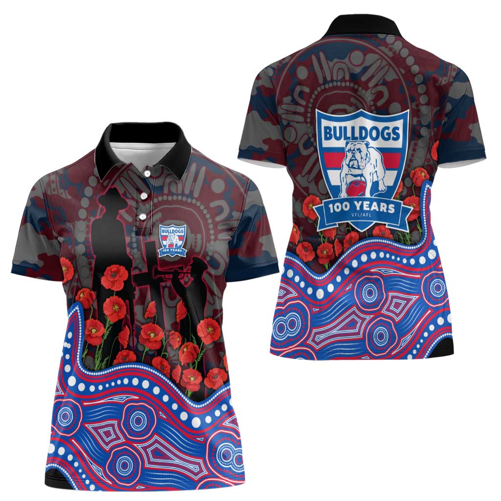 Western Bulldogs ANZAC Day Women Polo Shirt Indigenous Dot Art with Poppy Flower Tribute