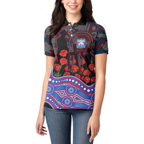 Western Bulldogs ANZAC Day Women Polo Shirt Indigenous Dot Art with Poppy Flower Tribute