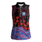 Western Bulldogs ANZAC Day Women Sleeveless Polo Shirt Indigenous Dot Art with Poppy Flower Tribute