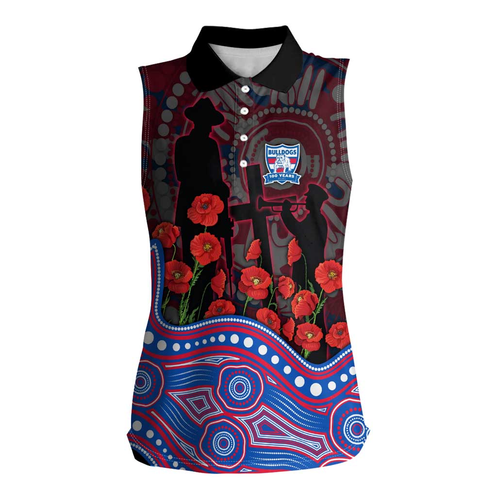 Western Bulldogs ANZAC Day Women Sleeveless Polo Shirt Indigenous Dot Art with Poppy Flower Tribute
