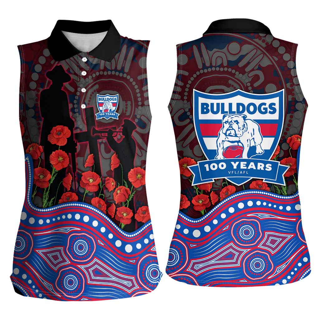 Western Bulldogs ANZAC Day Women Sleeveless Polo Shirt Indigenous Dot Art with Poppy Flower Tribute