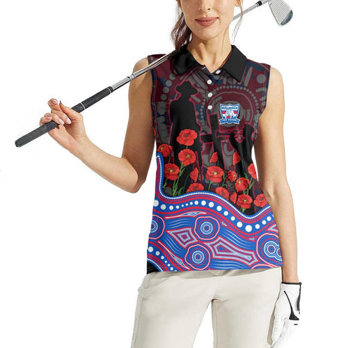 Western Bulldogs ANZAC Day Women Sleeveless Polo Shirt Indigenous Dot Art with Poppy Flower Tribute