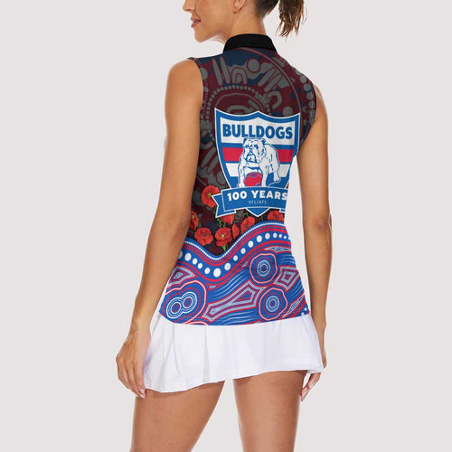 Western Bulldogs ANZAC Day Women Sleeveless Polo Shirt Indigenous Dot Art with Poppy Flower Tribute