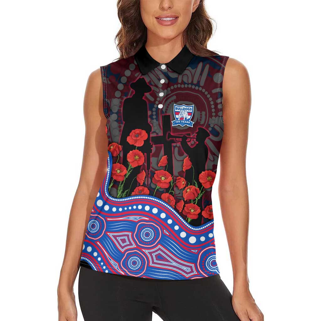 Western Bulldogs ANZAC Day Women Sleeveless Polo Shirt Indigenous Dot Art with Poppy Flower Tribute