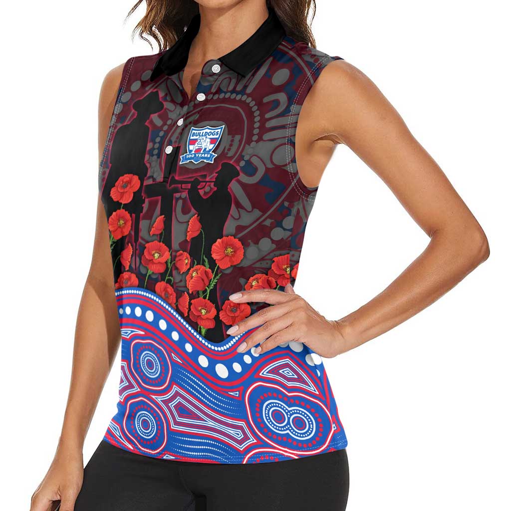 Western Bulldogs ANZAC Day Women Sleeveless Polo Shirt Indigenous Dot Art with Poppy Flower Tribute