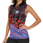 Western Bulldogs ANZAC Day Women Sleeveless Polo Shirt Indigenous Dot Art with Poppy Flower Tribute