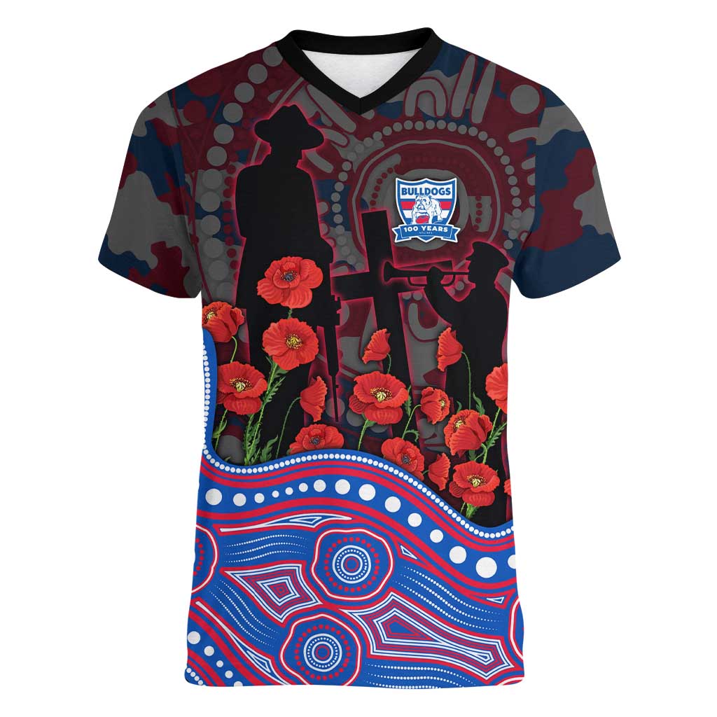 Western Bulldogs ANZAC Day Women V-Neck T-Shirt Indigenous Dot Art with Poppy Flower Tribute
