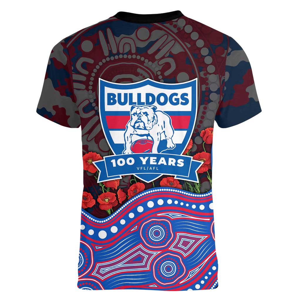 Western Bulldogs ANZAC Day Women V-Neck T-Shirt Indigenous Dot Art with Poppy Flower Tribute