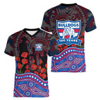 Western Bulldogs ANZAC Day Women V-Neck T-Shirt Indigenous Dot Art with Poppy Flower Tribute