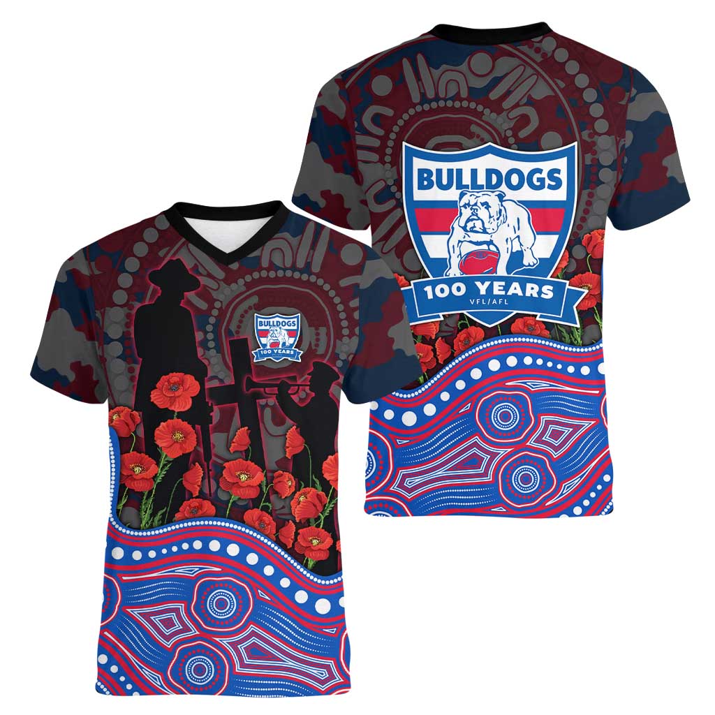 Western Bulldogs ANZAC Day Women V-Neck T-Shirt Indigenous Dot Art with Poppy Flower Tribute