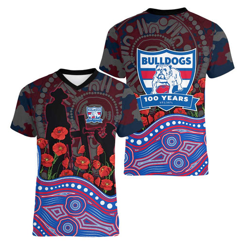 Western Bulldogs ANZAC Day Women V-Neck T-Shirt Indigenous Dot Art with Poppy Flower Tribute