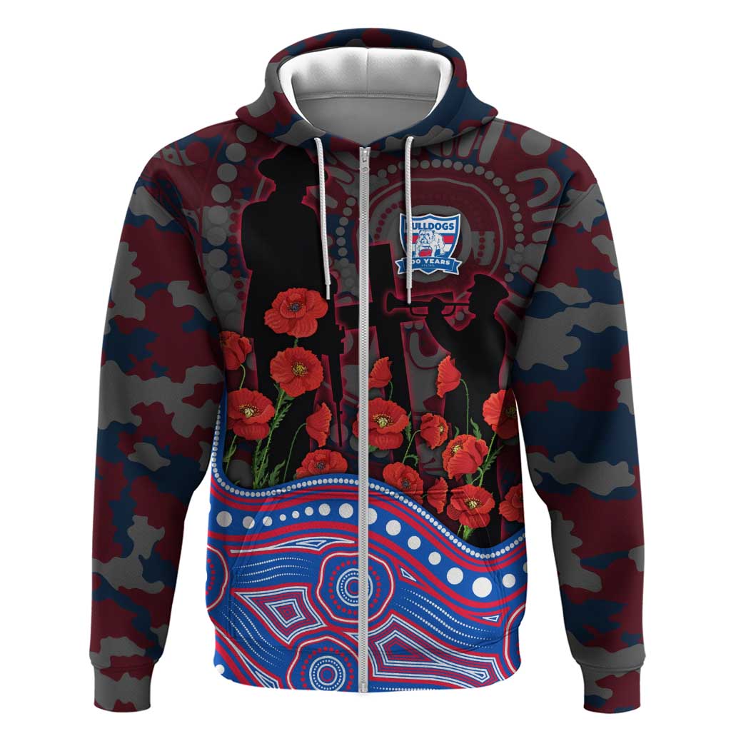 Western Bulldogs ANZAC Day Zip Hoodie Indigenous Dot Art with Poppy Flower Tribute