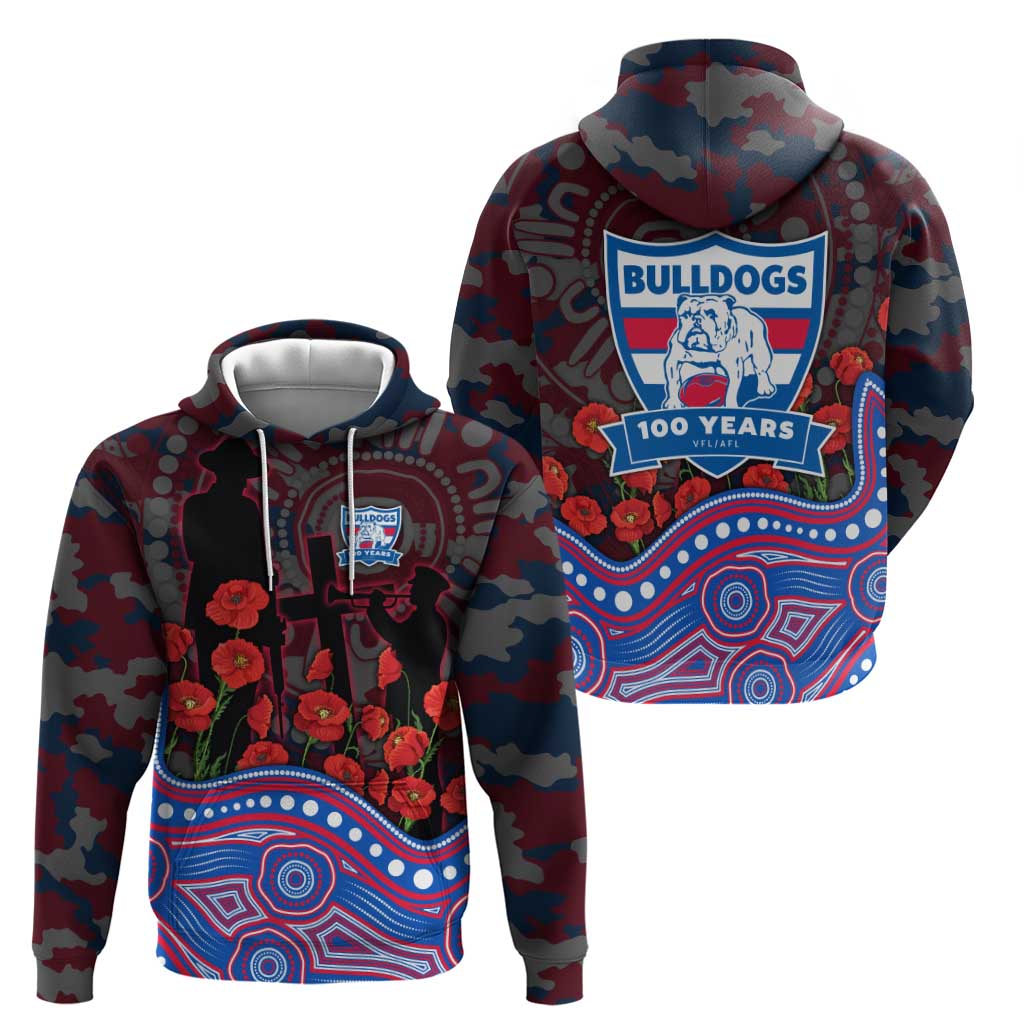 Western Bulldogs ANZAC Day Zip Hoodie Indigenous Dot Art with Poppy Flower Tribute