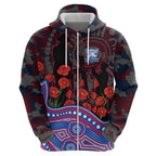 Western Bulldogs ANZAC Day Zip Hoodie Indigenous Dot Art with Poppy Flower Tribute