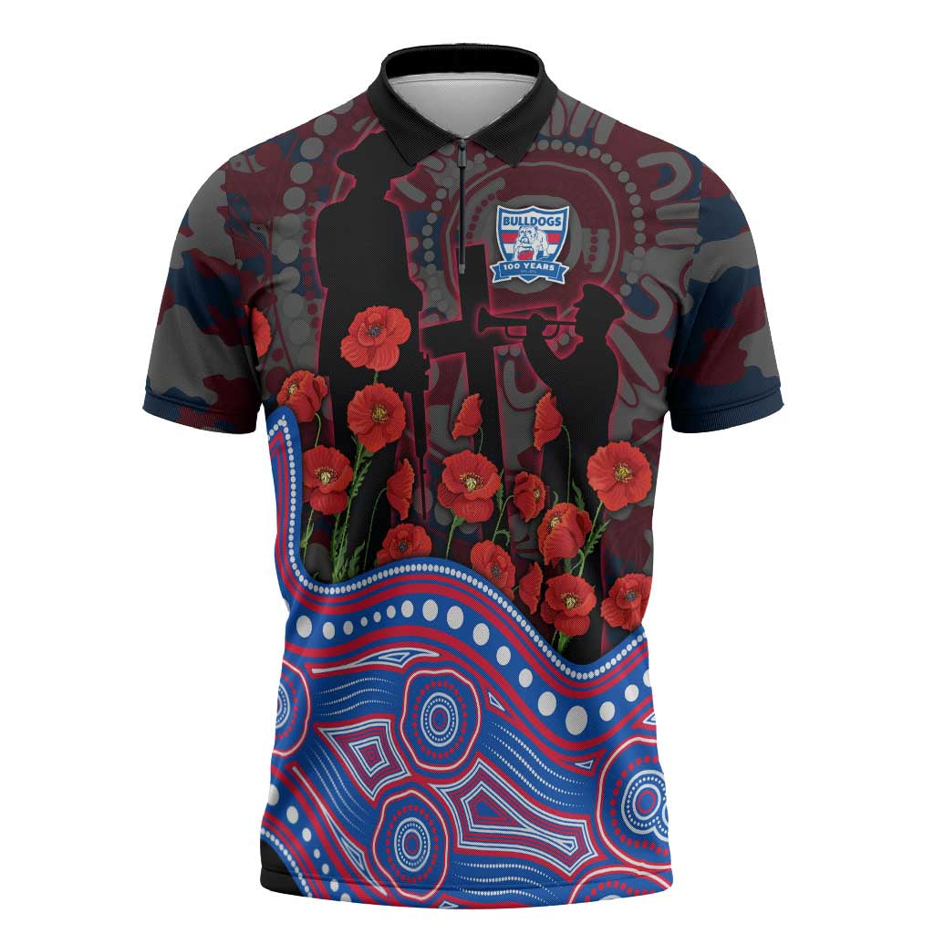 Western Bulldogs ANZAC Day Zipper Polo Shirt Indigenous Dot Art with Poppy Flower Tribute