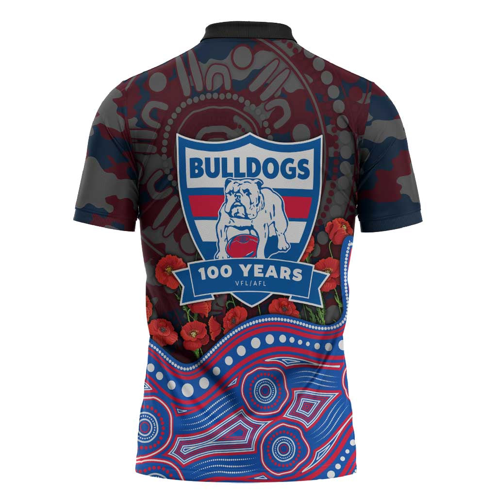 Western Bulldogs ANZAC Day Zipper Polo Shirt Indigenous Dot Art with Poppy Flower Tribute