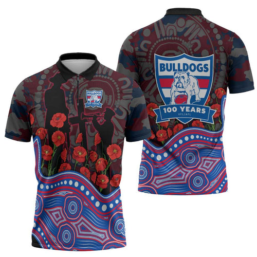 Western Bulldogs ANZAC Day Zipper Polo Shirt Indigenous Dot Art with Poppy Flower Tribute
