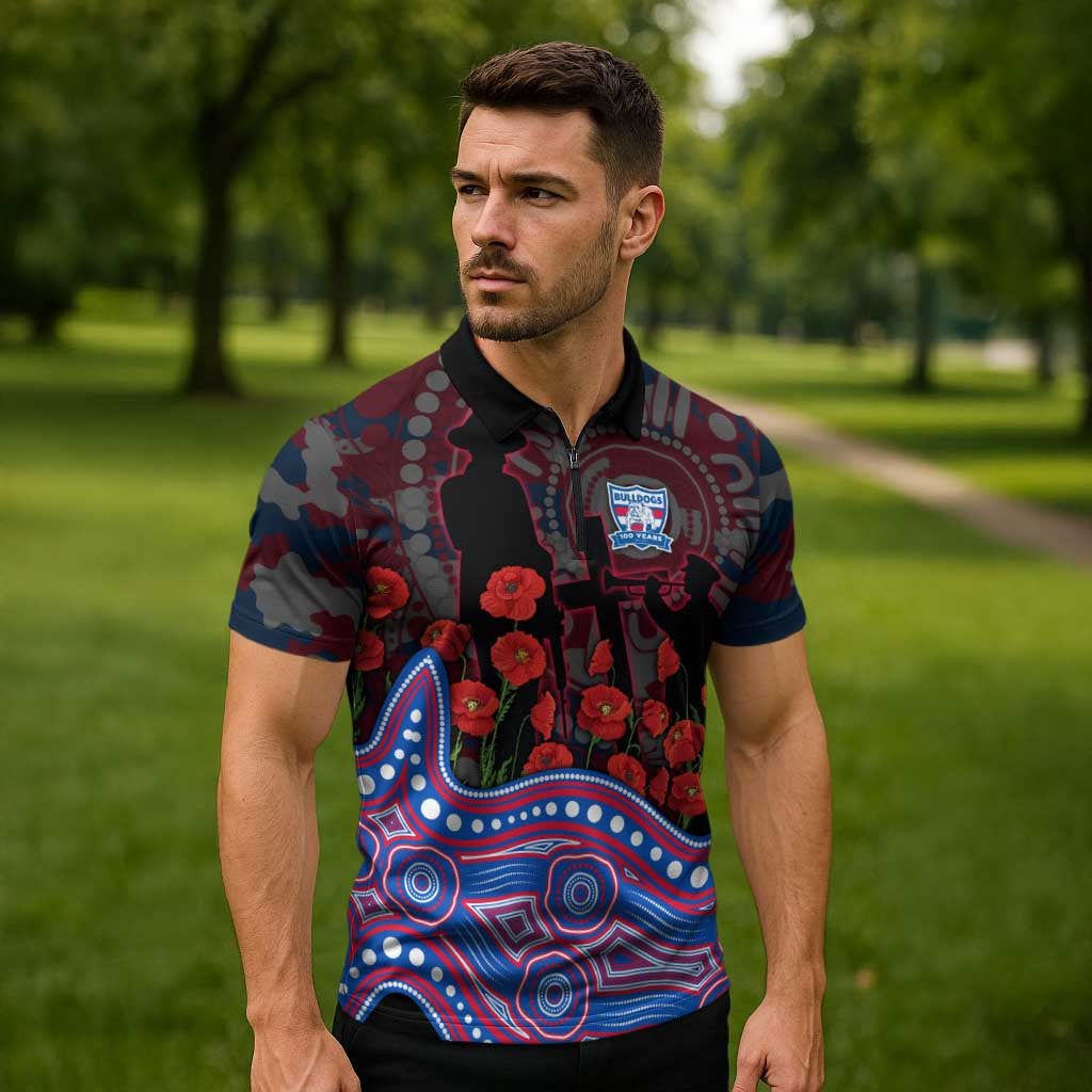 Western Bulldogs ANZAC Day Zipper Polo Shirt Indigenous Dot Art with Poppy Flower Tribute