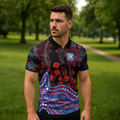 Western Bulldogs ANZAC Day Zipper Polo Shirt Indigenous Dot Art with Poppy Flower Tribute