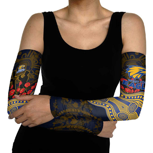 West Coast Eagles ANZAC Day Arm Sleeves Indigenous Dot Art with Poppy Flower Tribute