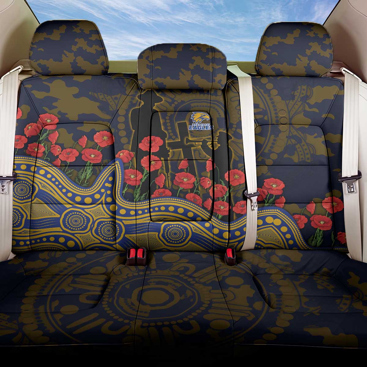 West Coast Eagles ANZAC Day Back Car Seat Cover Indigenous Dot Art with Poppy Flower Tribute