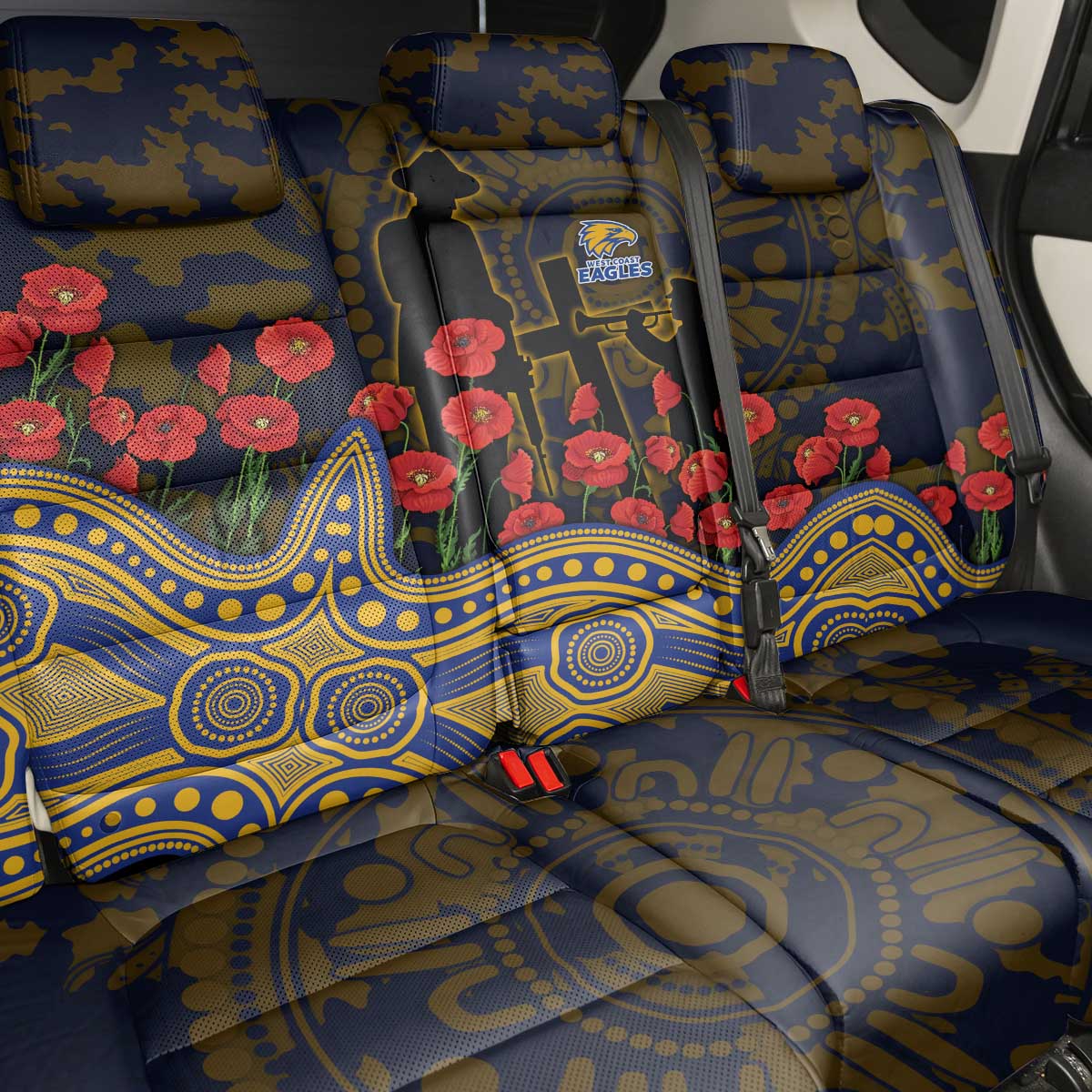 West Coast Eagles ANZAC Day Back Car Seat Cover Indigenous Dot Art with Poppy Flower Tribute