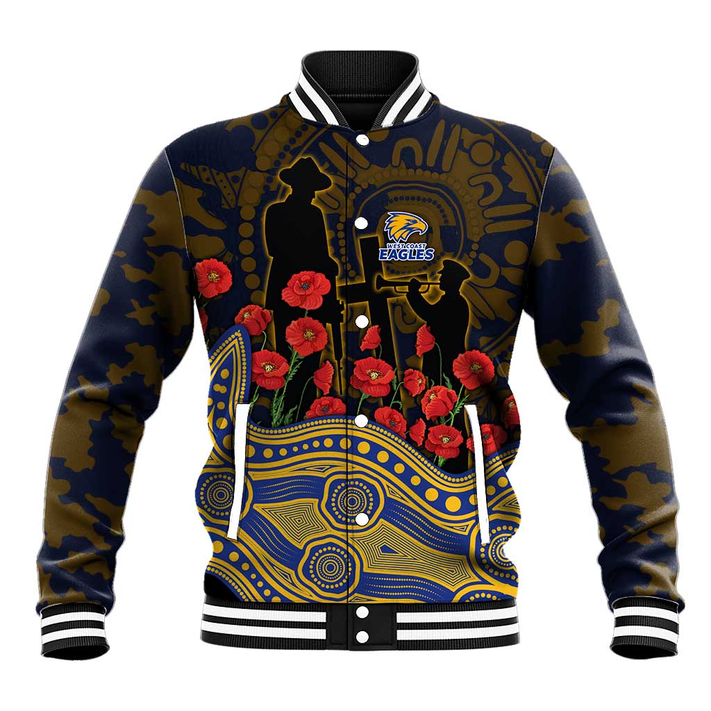 West Coast Eagles ANZAC Day Baseball Jacket Indigenous Dot Art with Poppy Flower Tribute
