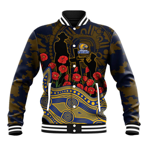West Coast Eagles ANZAC Day Baseball Jacket Indigenous Dot Art with Poppy Flower Tribute
