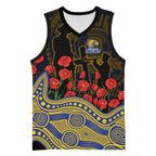 West Coast Eagles ANZAC Day Basketball Jersey Indigenous Dot Art with Poppy Flower Tribute