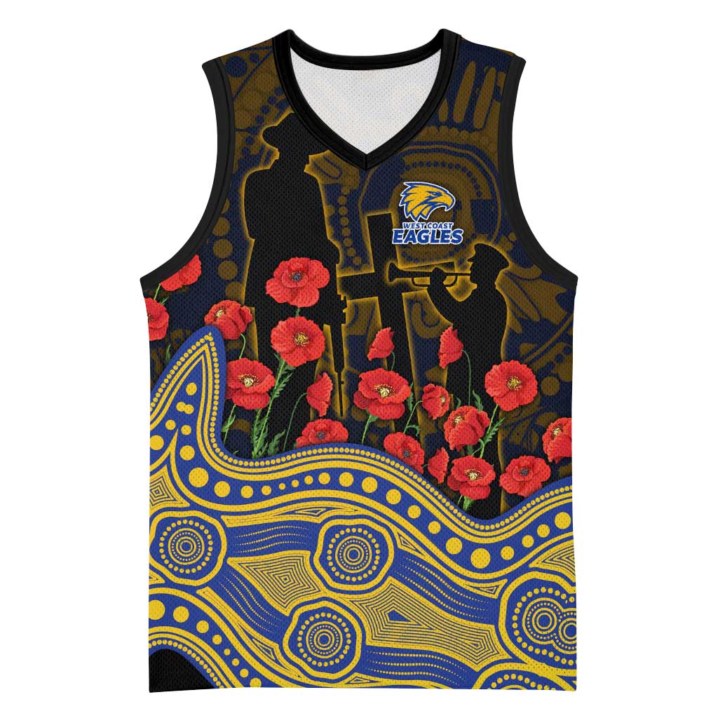 West Coast Eagles ANZAC Day Basketball Jersey Indigenous Dot Art with Poppy Flower Tribute