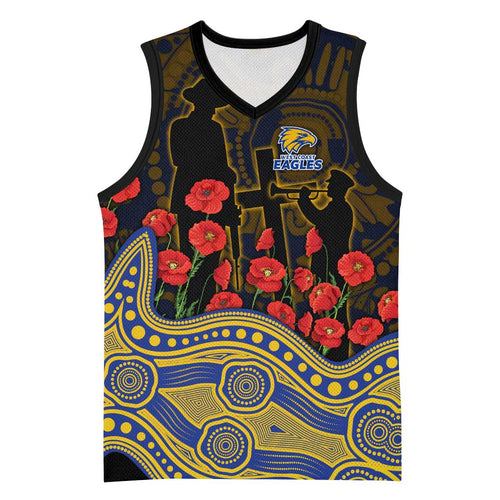 West Coast Eagles ANZAC Day Basketball Jersey Indigenous Dot Art with Poppy Flower Tribute
