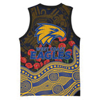 West Coast Eagles ANZAC Day Basketball Jersey Indigenous Dot Art with Poppy Flower Tribute