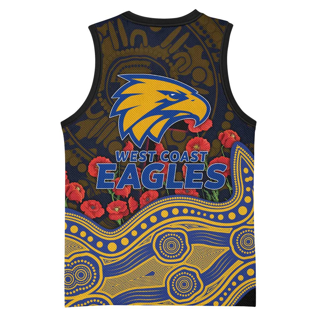 West Coast Eagles ANZAC Day Basketball Jersey Indigenous Dot Art with Poppy Flower Tribute