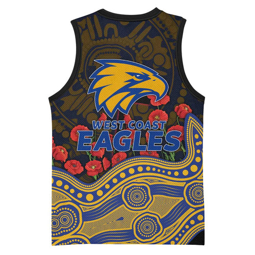 West Coast Eagles ANZAC Day Basketball Jersey Indigenous Dot Art with Poppy Flower Tribute