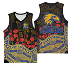 West Coast Eagles ANZAC Day Basketball Jersey Indigenous Dot Art with Poppy Flower Tribute