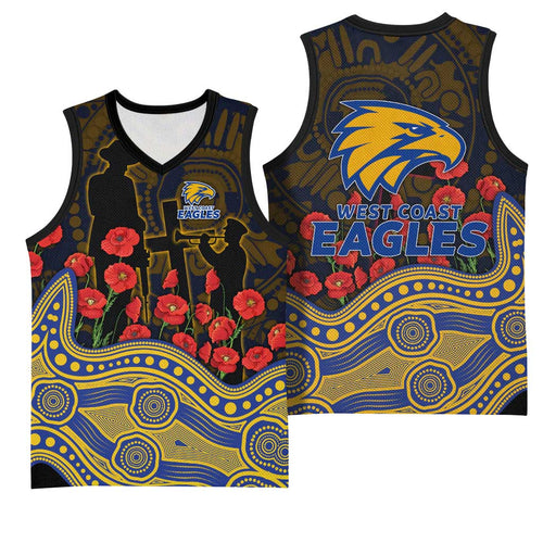 West Coast Eagles ANZAC Day Basketball Jersey Indigenous Dot Art with Poppy Flower Tribute