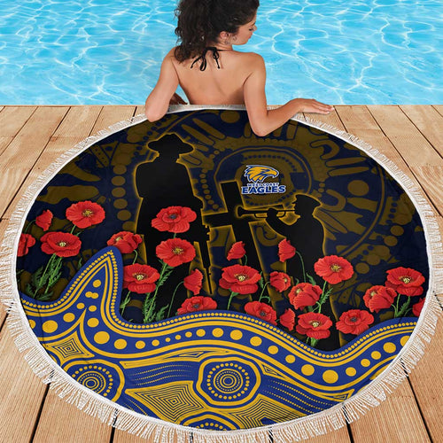 West Coast Eagles ANZAC Day Beach Blanket Indigenous Dot Art with Poppy Flower Tribute
