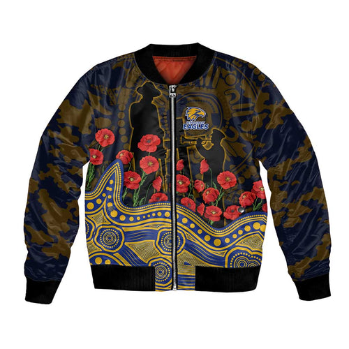West Coast Eagles ANZAC Day Bomber Jacket Indigenous Dot Art with Poppy Flower Tribute