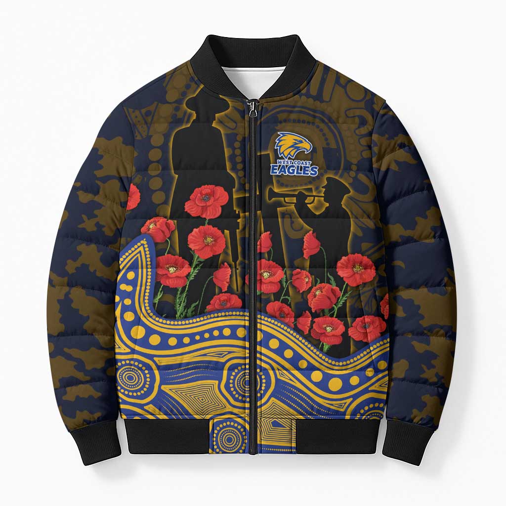 West Coast Eagles ANZAC Day Bomber Puffer Jacket Indigenous Dot Art with Poppy Flower Tribute