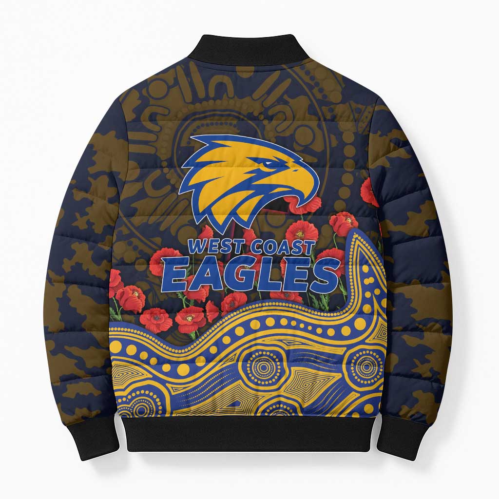 West Coast Eagles ANZAC Day Bomber Puffer Jacket Indigenous Dot Art with Poppy Flower Tribute