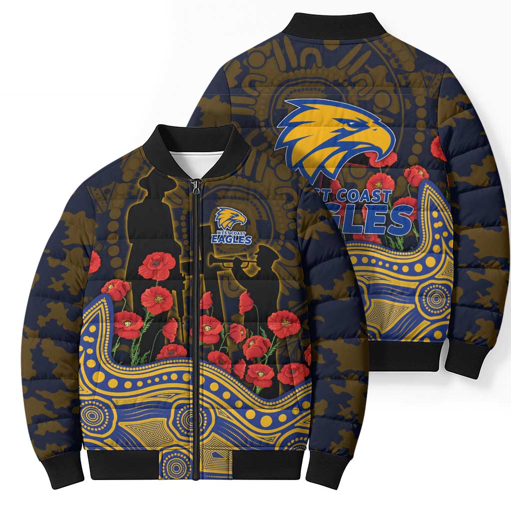 West Coast Eagles ANZAC Day Bomber Puffer Jacket Indigenous Dot Art with Poppy Flower Tribute